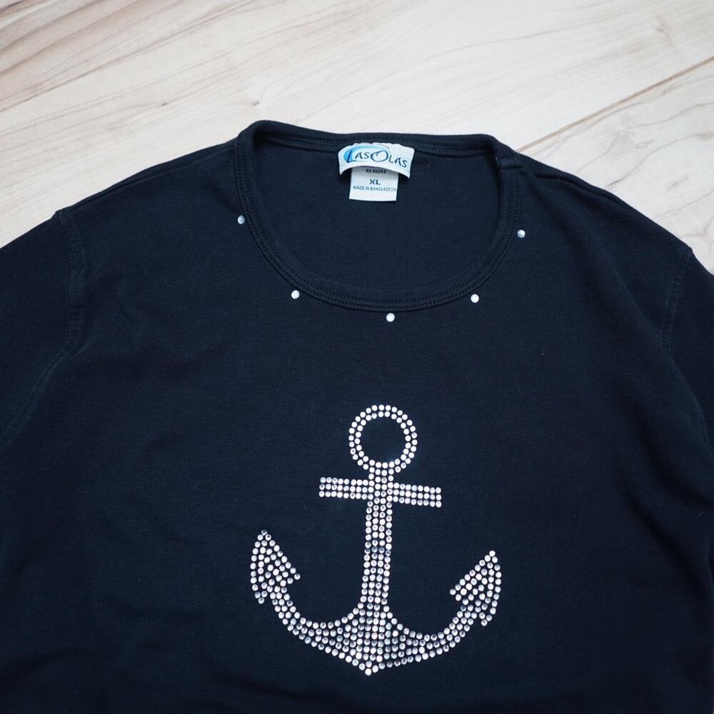 Las Olas Black Rhinestone Anchor Nautical Top Coastal Glam XL Vintage Y2K - Picture 5 of 6